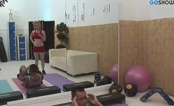 Brunette, Blonde and Guy Fucking at the Gym for a Wild Threesome