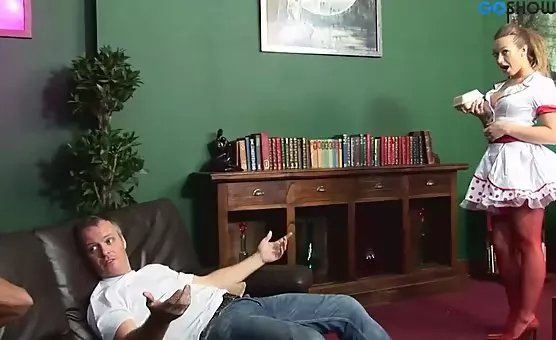 Threesome Delight Excited Guys and Seductive Waitress